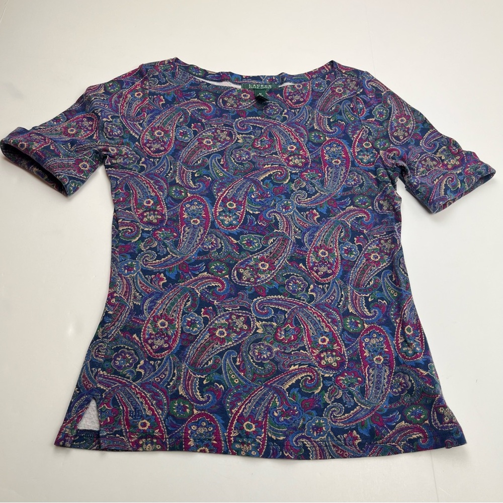 Lauren Ralph‎ Lauren Women's Top Medium Paisley Half Sleeve Popover Multicolored